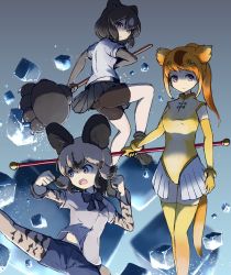 Rule 34 | 10s, 3girls, :o, african wild dog (kemono friends), animal ears, ankle boots, bear ears, bear girl, paw stick, bear tail, bike shorts, black gloves, black hair, black neckwear, black shorts, black skirt, blue background, blue shorts, boots, bow, bowtie, breasts, brown bear (kemono friends), circlet, clenched hands, closed mouth, collared shirt, commentary request, denim, denim shorts, dog ears, dog girl, dog tail, elbow gloves, fingerless gloves, frown, gloves, golden snub-nosed monkey (kemono friends), gradient background, gradient hair, grey legwear, hair between eyes, high collar, high ponytail, highleg, highleg leotard, highres, holding, holding staff, kemono friends, kicking, layered sleeves, leotard, long hair, long sleeves, looking at viewer, looking to the side, medium breasts, miniskirt, monkey ears, monkey girl, monkey tail, multicolored hair, multiple girls, no nose, open mouth, orange hair, pantyhose, pantyhose under shorts, parted bangs, pleated skirt, ponytail, purple eyes, serious, shirt, short hair, short sleeves, shorts, shorts under skirt, simple background, skirt, small breasts, staff, standing, standing on one leg, streaked hair, suginakara (user ehfp8355, swept bangs, tail, thighhighs, two-tone hair, underlighting, v-shaped eyebrows, white hair, white shirt, white skirt, wing collar, yellow gloves, yellow legwear, yellow leotard