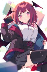 Rule 34 | 1girl, bat wings, black skirt, black thighhighs, blurry, blurry foreground, bow, bowtie, breasts, buttons, cube, demon girl, demon tail, dot nose, head wings, highres, holding, holding phone, jacket, large breasts, long hair, long sleeves, looking at viewer, medium hair, nail polish, original, parted lips, phone, pleated skirt, red bow, red bowtie, red eyes, red hair, red nails, shirt, shirt tucked in, sitting, skirt, solo, tail, thighhighs, white background, white shirt, wings, zettai ryouiki, zoirun
