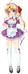 Rule 34 | 1girl, absurdres, adjusting hair, apron, artist request, blonde hair, blue eyes, blush, breasts, cleavage, cross-laced clothes, cross-laced legwear, detached sleeves, full body, headdress, highres, long hair, maid, maid apron, maid headdress, open mouth, puffy detached sleeves, puffy sleeves, saeki hokouei, sidelocks, simple background, skis, small breasts, solo, thighhighs, twintails, white background, white thighhighs, wrist cuffs, yandere no onna no ko ni shinu hodo aisarete nemurenai cd