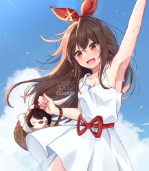 Rule 34 | 1girl, :d, alternate costume, amber (genshin impact), ardenlolo, arm up, armpits, baron bunny (genshin impact), blue sky, blurry, breasts, brown eyes, brown hair, carrying, cleavage, cloud, cloudy sky, collarbone, commentary request, depth of field, dress, genshin impact, hair between eyes, hairband, long hair, looking at viewer, open mouth, picnic basket, sidelocks, sky, smile, solo, stuffed animal, stuffed rabbit, stuffed toy, sundress, sweat, watermark, white dress