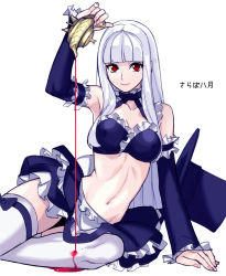 Rule 34 | 1girl, arm support, bare shoulders, capcom, capcom fighting jam, detached sleeves, ingrid (capcom), looking at viewer, midnight bliss, midriff, nail polish, navel, red eyes, solo, tetsu (kimuchi), toned, translation request, white background, white hair