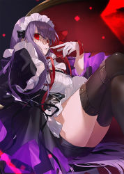Rule 34 | 1girl, apron, bb (fate), bb (fate/extra), black dress, black thighhighs, breasts, cleavage, corset, cross-laced clothes, crossed legs, dress, fate/extra, fate/extra ccc, fate (series), frills, gloves, hair between eyes, hair ribbon, hino hinako, juliet sleeves, large breasts, long hair, long sleeves, looking at viewer, neck ribbon, puffy sleeves, purple hair, red eyes, red ribbon, ribbon, shaded face, sitting, solo, thigh strap, thighhighs, thighs, underbust, very long hair, waist apron, white gloves, wide sleeves