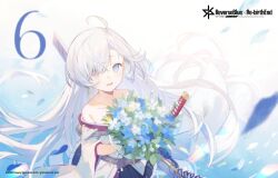 Rule 34 | 1girl, ahoge, bare shoulders, belt, blue eyes, blue flower, bouquet, character request, collarbone, commentary request, copyright name, copyright notice, earrings, flower, heterochromia, highres, holding, holding bouquet, jewelry, katana, long hair, numbered, nuudoru, off shoulder, parted lips, pink eyes, reverseblue x re-birthend, second-party source, solo, sword, weapon, white flower, white hair, wide sleeves