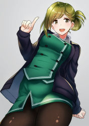 Rule 34 | 1girl, akai kagerou, arm at side, asymmetrical hair, breasts, brown eyes, brown pantyhose, buttons, cardigan, contrapposto, folded ponytail, formal, from below, green hair, grey background, hand up, highres, idolmaster, idolmaster shiny colors, index finger raised, jacket, knees, long hair, looking at viewer, medium breasts, nanakusa hazuki, office lady, open cardigan, open clothes, open jacket, open mouth, pantyhose, pencil skirt, purple jacket, sidelocks, simple background, skirt, sleeves past wrists, solo, standing, suit, tareme, thighs