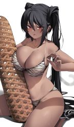 Rule 34 | 1girl, 2022, :d, bikini, black footwear, black hair, blush, breasts, chinese zodiac, cleavage, collarbone, commentary request, dark-skinned female, dark skin, ddangbi, eyes visible through hair, fingernails, hair between eyes, halterneck, large breasts, looking at viewer, nail polish, navel, open mouth, original, print bikini, red eyes, shoes, simple background, sitting, skindentation, smile, sneakers, solo, sweat, swimsuit, twintails, white background, white nails, white tiger print, year of the tiger