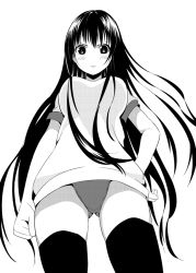 Rule 34 | 1girl, angry, attsun (atsushi jb), bad id, bad pixiv id, black eyes, black hair, blush, buruma, face, from below, greyscale, gym uniform, hand on own hip, long hair, looking at viewer, looking down, monochrome, no nose, original, serious, simple background, solo, thighhighs