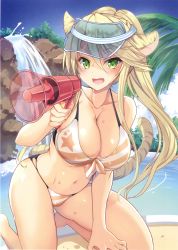 Rule 34 | 1girl, :d, absurdres, animal ears, arm support, beach, bikini, blonde hair, breasts, cameltoe, cleavage, cropped, day, fang, front-tie bikini top, front-tie top, green eyes, hair between eyes, highres, kneeling, large breasts, leaning forward, long hair, megaphone, navel, open mouth, original, outdoors, ponytail, sanshoku amido, smile, solo, sweat, swimsuit, tail, tiger ears, tiger tail, visor cap, water, waterfall