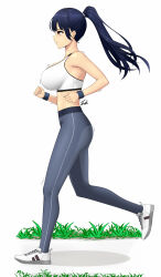 Rule 34 | 1girl, absurdres, ass, bare arms, bare shoulders, blue hair, blue wristband, boku no kokoro no yabai yatsu, breasts, brown eyes, dark blue hair, exercising, from side, full body, high ponytail, highres, large breasts, long hair, mole, mole on neck, multiple moles, pants, profile, running, ryu seung, shoes, signature, sneakers, solo, sports bra, white footwear, white sports bra, wristband, yamada anna, yoga pants