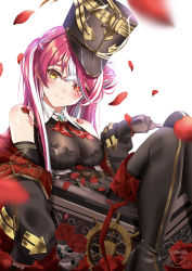 Rule 34 | 1girl, absurdres, ascot, black headwear, blush, boots, bow, breasts, cleavage, hair between eyes, hair bow, hair ornament, heterochromia, highres, hololive, houshou marine, houshou marine (marching band), jacket, komiya latte, large breasts, leotard, leotard under clothes, long hair, looking at viewer, pirate, red ascot, red eyes, red hair, red ribbon, ribbon, see-through, see-through cleavage, see-through leotard, thigh boots, thighhighs, treasure chest, very long hair, virtual youtuber, yellow eyes