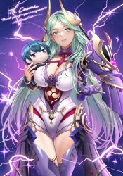 Rule 34 | 1boy, 1girl, absurdres, armor, blue eyes, blue hair, breasts, byleth (fire emblem), byleth (male) (fire emblem), character doll, cleavage, commission, commissioner upload, cosplay, electricity, fake horns, fire emblem, fire emblem: three houses, green eyes, green hair, highres, horns, iria (yumeirokingyo), japanese armor, large breasts, light smile, nintendo, non-web source, raiden shogun, raiden shogun (magatsu mitake narukami no mikoto), rhea (fire emblem), skeb commission