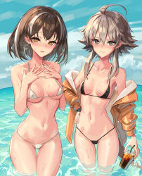 Rule 34 | 2girls, ahoge, areola slip, arknights, bare arms, bare shoulders, bikini, black bikini, black hair, blue sky, blush, breasts, cloud, collarbone, commentary request, cowboy shot, cup, day, disposable cup, drinking straw, female focus, front-tie bikini top, front-tie top, grey eyes, grey hair, highres, holding, holding cup, jacket, looking at viewer, magallan (arknights), mayer (arknights), medium breasts, micro bikini, multicolored hair, multiple girls, navel, nose blush, off shoulder, open clothes, open jacket, orange jacket, outdoors, parted lips, short hair, short hair with long locks, sigm@, sky, standing, stomach, streaked hair, swimsuit, thighs, wading, water, white bikini, white hair, yellow eyes