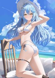 Rule 34 | 1girl, absurdres, ahoge, arm up, armpits, ass, beach, bikini, black shorts, blue hair, breasts, chair, cleavage, cloud, day, hat, heart, heart ahoge, heels, highres, hololive, large breasts, long hair, looking at viewer, looking to the side, medium breasts, outdoors, pointy ears, rin yuu, shorts, sideboob, solo, sun hat, swimsuit, tagme, underboob, virtual youtuber, white bikini, yellow eyes, yukihana lamy