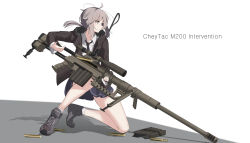 Rule 34 | 1girl, absurdres, text background, black necktie, blue skirt, bolt action, brown jacket, cartridge, cheytac m200, closed mouth, commentary, english text, girls&#039; frontline, grey eyes, grey footwear, grey hair, gun, highres, holding, holding weapon, jacket, long hair, looking away, m200 (girls&#039; frontline), necktie, open clothes, open jacket, rifle, rifle cartridge, rynn (rynn cube), shirt, shoes, skirt, sneakers, sniper rifle, socks, solo, weapon, weapon name, white background, white shirt