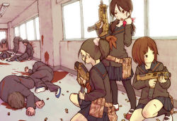 Rule 34 | 3girls, 6+boys, black legwear, blood, blood on face, brown hair, corpse, death, gun, indoors, low twintails, multiple boys, multiple girls, open mouth, original, ponytail, school uniform, skirt, tetsuro ito, weapon