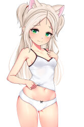 Rule 34 | 1girl, absurdres, animal ear fluff, animal ears, azur lane, bare shoulders, blush, breasts, camisole, cat ears, closed mouth, collarbone, cowboy shot, dedorudy, gluteal fold, green eyes, groin, highres, light brown hair, long hair, looking at viewer, midriff, navel, panties, parted bangs, simple background, sims (azur lane), small breasts, solo, standing, striped, sweatdrop, two side up, underwear, white background, white camisole, white panties