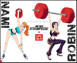 Rule 34 | 2girls, barbell, black hair, bracelet, breasts, character name, chris re5, cleavage, copyright name, crop top, dolphin shorts, exercising, eyewear on head, green eyes, hairband, halterneck, halterneck, high heels, highres, jewelry, kettlebell, large breasts, midriff, multiple girls, nami (one piece), navel, nico robin, one piece, one piece: stampede, orange eyes, orange hair, pants, ponytail, purple hairband, serious, shoes, short shorts, shorts, signature, sneakers, squatting, sunglasses, track pants, twitter username, uniqlo, weightlifting, wristband