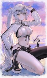 Rule 34 | 2girls, artoria caster (fate), artoria caster (swimsuit) (fate), artoria caster (swimsuit) (fate) (cosplay), artoria caster (swimsuit) (first ascension) (fate), artoria pendragon (alter swimsuit rider) (fate), artoria pendragon (alter swimsuit rider) (first ascension) (fate), artoria pendragon (fate), asymmetrical clothes, bare shoulders, baseball cap, beach, bikini, black one-piece swimsuit, black pants, black ribbon, blonde hair, breasts, cleavage, cloud, cosplay, cropped jacket, dress swimsuit, excalibur morgan (fate), fate/grand order, fate (series), food, gradient sky, grey hair, hair ribbon, hat, highres, inflatable sword, jacket, jeanne d&#039;arc alter (avenger) (fate), jeanne d&#039;arc alter (fate), large breasts, long hair, long sleeves, looking at viewer, mouth hold, multiple girls, navel, nipi27, one-piece swimsuit, pants, pink sky, ponytail, popsicle, purple sky, ribbon, sandals, shore, shrug (clothing), sidelocks, single pantsleg, sky, solo focus, swimsuit, twilight, very long hair, white bikini, white headwear, white jacket, yellow eyes