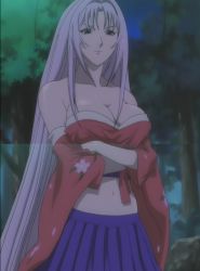 Rule 34 | 1girl, antenna hair, blue eyes, breasts, cleavage, crossed arms, female focus, highres, japanese clothes, kimono, large breasts, long hair, natsume maya, nature, navel, outdoors, purple hair, screencap, skirt, sky, smile, solo, stitched, tenjou tenge, third-party edit