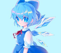 Rule 34 | 1girl, blue background, blue bow, blue dress, blue eyes, blue hair, bow, bowtie, breasts, cirno, closed mouth, collar, dress, eyes visible through hair, hair between eyes, ice, ice wings, looking at viewer, medium breasts, oataruu, puffy short sleeves, puffy sleeves, red bow, red bowtie, shirt, short hair, short sleeves, simple background, solo, touhou, white shirt, wings