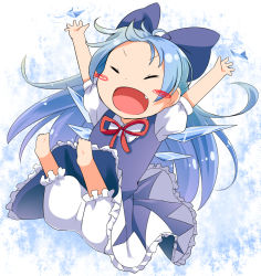 Rule 34 | 1girl, alternate hair length, alternate hairstyle, barefoot, bloomers, blue dress, blue hair, bow, cirno, commentary request, dress, closed eyes, fang, hair bow, highres, ice, ice wings, long hair, makuran, open mouth, puffy short sleeves, puffy sleeves, shirt, short sleeves, smile, solo, touhou, underwear, very long hair, wings