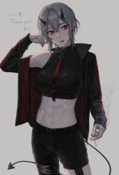 Rule 34 | 1girl, abs, arm up, belt, black coat, blush, breasts, cigarette, coat, commission, demon girl, demon tail, eyebrows hidden by hair, food, grey hair, hair between eyes, holding, holding cigarette, horns, looking at viewer, necktie, oni horns, onigiri, open mouth, original, pants, pointy ears, short hair, shorts, skeb commission, solo, stomach, tail, torn clothes, torn pants, vest, virtual youtuber, yuikawa (00hyr)