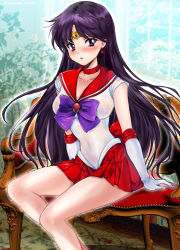 Rule 34 | 1girl, :o, bishoujo senshi sailor moon, black hair, blush, bow, brooch, choker, commentary request, covered erect nipples, covered navel, earrings, elbow gloves, gloves, highres, hino rei, indoors, jewelry, leotard, long hair, looking at viewer, magical girl, on chair, oyaman, parted lips, purple bow, purple eyes, red choker, red sailor collar, red skirt, sailor collar, sailor mars, sailor senshi, sailor senshi uniform, see-through, sitting, skirt, sleeveless, solo, star (symbol), star earrings, tiara, white gloves, white leotard