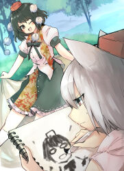 Rule 34 | 2girls, animal ears, black bow, black bowtie, black hair, black skirt, blush, bow, bowtie, brown eyes, commentary request, ginnkei, grey hair, hat, highres, holding, holding brush, holding notebook, inubashiri momiji, leaf print, medium hair, multiple girls, no wings, notebook, one eye closed, open mouth, outdoors, painting (action), painting (object), pom pom (clothes), puffy short sleeves, puffy sleeves, red hat, shameimaru aya, shirt, short hair, short sleeves, skirt, smile, sweatdrop, tokin hat, touhou, white shirt, wolf ears