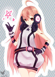 Rule 34 | 1girl, ahoge, belt, brown eyes, cowboy shot, dress, earmuffs, eyebrows, fur trim, gloves, hand on own hip, headphones, long hair, looking at viewer, mrfatso, parted lips, pink hair, red eyes, red hair, sf-a2 miki, signature, sleeveless, sleeveless dress, smile, solo, star (symbol), star print, striped, striped background, very long hair, vocaloid