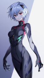 Rule 34 | 1girl, artist name, ayanami rei, black bodysuit, blue eyes, blue hair, bodysuit, breasts, commentary, cowboy shot, evangelion: 3.0 you can (not) redo, expressionless, hair between eyes, highres, interface headset, looking at viewer, medium breasts, nardack, neon genesis evangelion, parted lips, pilot suit, plugsuit, rebuild of evangelion, red eyes, shaded face, shadow, short hair, signature, solo, standing, tagme
