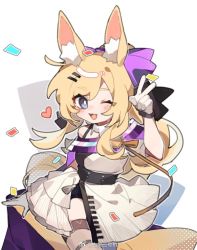 Rule 34 | 1girl, :d, animal ear fluff, animal ears, arknights, baiwei er hao ji, black shorts, blonde hair, blue eyes, blush, bow, chibi, commentary, dress, fang, hair bow, hair ornament, hairclip, heart, horse ears, horse girl, horse tail, long hair, off-shoulder dress, off shoulder, official alternate costume, one eye closed, open mouth, purple bow, shorts, shorts under dress, simple background, smile, solo, symbol-only commentary, tail, thigh strap, v, weibo watermark, whislash (arknights), whislash (glory purple) (arknights), white background, white dress