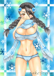 Rule 34 | 1girl, black hair, bra, breasts, candice (pokemon), cleavage, creatures (company), eyes visible through hair, game freak, gluteal fold, huge breasts, long hair, multi-tied hair, nintendo, panties, pokemon, pokemon dppt, scarf, snowflakes, striped bra, striped clothes, striped panties, takecha, underwear