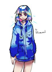 Rule 34 | 1other, alternate costume, androgynous, blue hair, blue hoodie, blue sleeves, blunt bangs, blunt ends, casual, closed mouth, cowboy shot, diamond (houseki no kuni), diamond hair ornament, hood, hood down, hoodie, houseki no kuni, light smile, long sleeves, notice lines, other focus, pink eyes, pocket, puffy long sleeves, puffy sleeves, short hair, simple background, sleeves past wrists, solo, thighs, waiwa way, white background