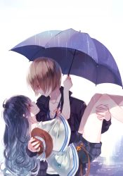 Rule 34 | 10s, 1boy, 1girl, ahoge, blue hair, brown hair, carrying, character request, collarbone, curly hair, divine gate, eye contact, hat, hat ribbon, holding, holding umbrella, jacket, long hair, long sleeves, looking at another, outdoors, princess carry, ribbon, shared umbrella, shorts, smile, striped ribbon, suspenders, syokuuuuuuuuumura, umbrella, unworn hat, unworn headwear
