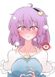 Rule 34 | 1girl, absurdres, blouse, blue shirt, blush, breasts, commentary request, eyeball, hair ornament, hairband, heart, heart hair ornament, highres, komeiji satori, long sleeves, looking at viewer, medium breasts, purple hair, red eyes, scavia10, shirt, sidelocks, simple background, solo, sweatdrop, third eye, touhou, wavy hair, white background