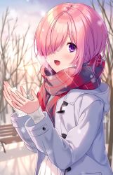 Rule 34 | 1girl, artist name, bare tree, bench, blue scarf, blurry, blurry background, blush, breath, buttons, coat, commentary, depth of field, enpera, eyelashes, fate/grand order, fate (series), fingernails, hair over one eye, hands up, happy, highres, hood, hooded coat, kuroki (ma-na-tu), long sleeves, looking at viewer, lower teeth only, mash kyrielight, mash kyrielight (fgo x lawson), official alternate costume, open clothes, open coat, open mouth, outdoors, plaid, plaid scarf, purple eyes, red scarf, scarf, short hair, snow, snowflakes, snowing, solo, standing, sweater, teeth, tree, twilight, upper body, white coat, winter, winter clothes, winter coat