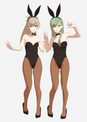 Rule 34 | 10s, 2girls, :d, animal ears, aqua hair, arm up, bare arms, bare shoulders, black bow, black bowtie, black footwear, black leotard, blue eyes, blush, bow, bowtie, breasts, brown hair, brown legwear, cleavage, collarbone, detached collar, eight tohyama, fake animal ears, female focus, full body, green hair, hair ornament, hairband, hairclip, hand gesture, headgear, highres, holding hands, interlocked fingers, kantai collection, kumano (kancolle), leotard, long hair, looking at viewer, medium breasts, multiple girls, open mouth, pantyhose, playboy bunny, ponytail, rabbit ears, shoes, small breasts, smile, standing, strapless, strapless leotard, suzuya (kancolle), tareme, v, wrist cuffs