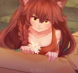 Rule 34 | 1girl, absurdres, animal ears, breasts, brown hair, cat, cat ears, dress, everlasting summer, flower, game, highres, huge filesize, long hair, looking at viewer, medium breasts, melloncollie-chan, novel, red dress, ruins, sitting, smile, solo, tail, uvao-tan, video game, yellow eyes