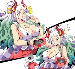 Rule 34 | 1girl, 1other, artist self-insert, blush, box, breasts, closed eyes, green hair, heart-shaped box, highres, horns, japanese clothes, kimono, large breasts, lewdamone, looking at viewer, multicolored hair, multicolored horns, multiple views, one piece, shiny skin, simple background, sleeveless, sleeveless kimono, valentine, white background, white hair, yamato (one piece)