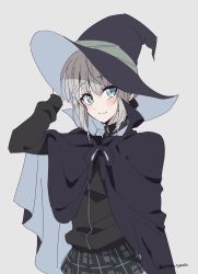 Rule 34 | 1girl, absurdres, alternate costume, arm up, artist name, black cape, black hat, black skirt, black sweater, blush, cape, chili-tomato (gekikaraya), closed mouth, commentary request, cowboy shot, fate (series), gray (fate), green eyes, grey background, grey skirt, hand on headwear, hat, highres, long sleeves, looking at viewer, lord el-melloi ii case files, plaid, plaid skirt, pleated skirt, short hair, simple background, skirt, smile, solo, sweater, witch hat