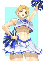 Rule 34 | 1girl, abs, anagumasan, arm up, armpits, blonde hair, blue eyes, blue mary, breasts, cheering, cheerleader, cleavage, clothes writing, crop top, crop top overhang, fatal fury, highres, holding, holding pom poms, midriff, miniskirt, navel, one eye closed, open mouth, pleated skirt, pom pom (cheerleading), pom poms, shirt, shoes, short hair, skirt, sleeveless, sleeveless shirt, smile, sneakers, snk, solo, standing, standing on one leg, takaramonozu, the king of fighters, underboob