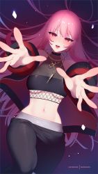 Rule 34 | 1girl, artist name, black leggings, blush, breasts, commentary, english commentary, halterneck, highres, hololive, hololive english, jewelry, leggings, long hair, medium breasts, mori calliope, nanoless, navel, necklace, open hands, open mouth, pink hair, red eyes, smile, solo, underboob, virtual youtuber