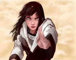 Rule 34 | 1girl, brown hair, commentary request, dust, fighting stance, grey eyes, hand up, hood, hood down, hooded jacket, hyuuga hinata, jacket, konohagakure symbol, lips, long hair, long sleeves, looking at viewer, naruto, naruto (series), parted lips, picpic, serious, solo, upper body, v-shaped eyebrows, veins, wind