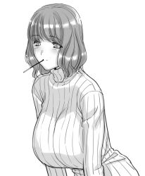 Rule 34 | 1girl, breasts, food, food in mouth, greyscale, huge breasts, light smile, magaki ryouta, monochrome, original, pocky, pocky day, ribbed sweater, short hair, simple background, solo, sweater, white background
