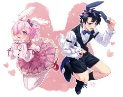 Rule 34 | 1boy, 1girl, absurdres, alternate costume, amami tokko, animal ears, black footwear, black hair, black shorts, black socks, black vest, blue bow, blue bowtie, blue eyes, blush, bow, bowtie, collared shirt, commentary request, creature, detached sleeves, dress, fake animal ears, fate/grand order, fate (series), fou (fate), frilled dress, frills, fujimaru ritsuka (male), hair over one eye, highres, holding, holding creature, long sleeves, looking at viewer, mash kyrielight, one eye covered, pantyhose, pink dress, pink hair, purple eyes, rabbit ears, red footwear, shirt, shoes, short hair, shorts, smile, socks, two-tone dress, vest, white dress, white pantyhose, white shirt