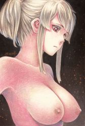 Rule 34 | black background, blonde hair, breasts, brown eyes, closed mouth, highres, large breasts, nipples, original, short ponytail, sidelocks, solo, tesun (g noh), topless, traditional media, upper body, watercolor pencil (medium)