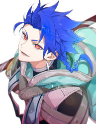 Rule 34 | 1boy, asymmetrical bangs, blue hair, braid, braided ponytail, capelet, child, cu chulainn (fate), earrings, emya, fang, fate/grand order, fate/grand order arcade, fate (series), floating hair, highres, hood, hood down, hooded capelet, jewelry, long hair, male focus, open mouth, ponytail, popped collar, red eyes, setanta (fate), simple background, single braid, slit pupils, smile, solo, spiked hair, staff, white background
