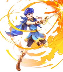Rule 34 | 1boy, alpha transparency, attack, bike shorts, blue eyes, blue hair, boots, brown footwear, cape, determined, fire, fire emblem, fire emblem: mystery of the emblem, fire emblem heroes, gem, highres, holding, holding sword, holding weapon, male focus, marth (fire emblem), matching hair/eyes, nintendo, official art, open mouth, short hair, solo, sword, tiara, transparent background, tunic, wada sachiko, weapon, aged down