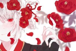 Rule 34 | 10 io, 1girl, bad id, bad twitter id, blurry, blurry background, blush, braid, closed mouth, commentary request, falling petals, flower, hair flower, hair ornament, hand up, head out of frame, highres, index finger raised, light smile, long hair, long sleeves, looking at viewer, nail polish, original, petals, pink nails, portrait, red eyes, red flower, solo, traditional clothes, white background, white hair