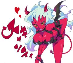 Rule 34 | 10s, absurdres, bare shoulders, breasts, cleavage, collar, colored skin, demon girl, fang, hanging breasts, heart, highres, horns, leaning forward, lips, panty &amp; stocking with garterbelt, red skin, scan, scanty (psg), simple background, smile, tail, thighs, white hair, wings, yellow eyes