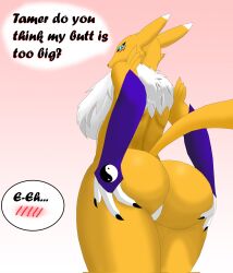 Rule 34 | ass, ass grab, black sclera, blue eyes, colored sclera, digimon, digimon (creature), fluffy, fox girl, furry, furry female, grabbing own ass, guilgamesh, looking at viewer, looking back, looking down, monster girl, renamon, slit pupils, tail